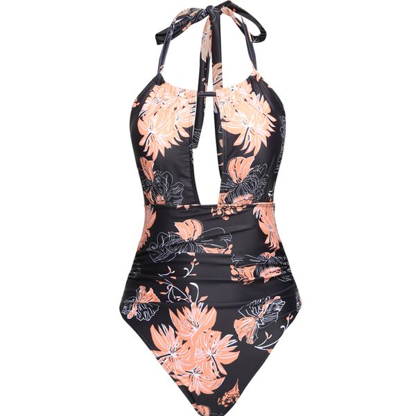 Olive Tree - Ladies One Piece Tummy Control 2-Way Swimsuit -BlackFlower