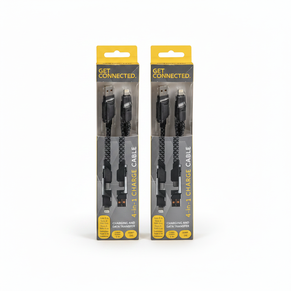Get Connected USB Cable 4-In-1 3.0 Amp 1m Fast Charging - 2 Pack