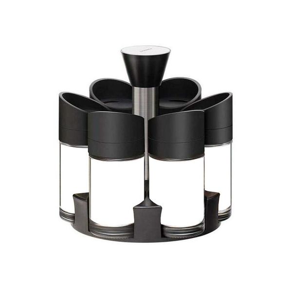 Set Of 6 Rotating Condiment Spice Storage Rack Tins With Base Container