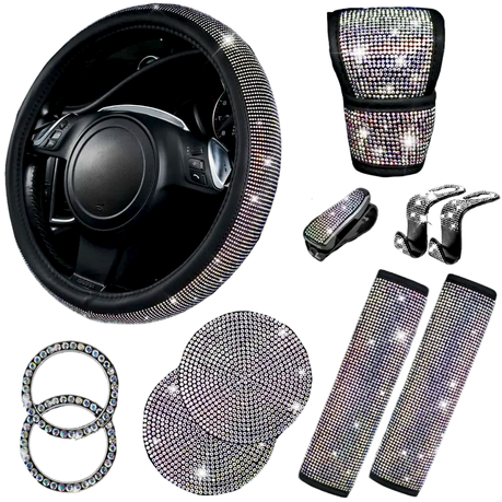 11PCS Bling Diamond Car Accessories,Steering Wheel Cover,Seat Belt Cushion