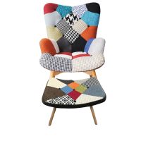 Colorful Patchwork Recliner Vintage chairwith Wooden Legs