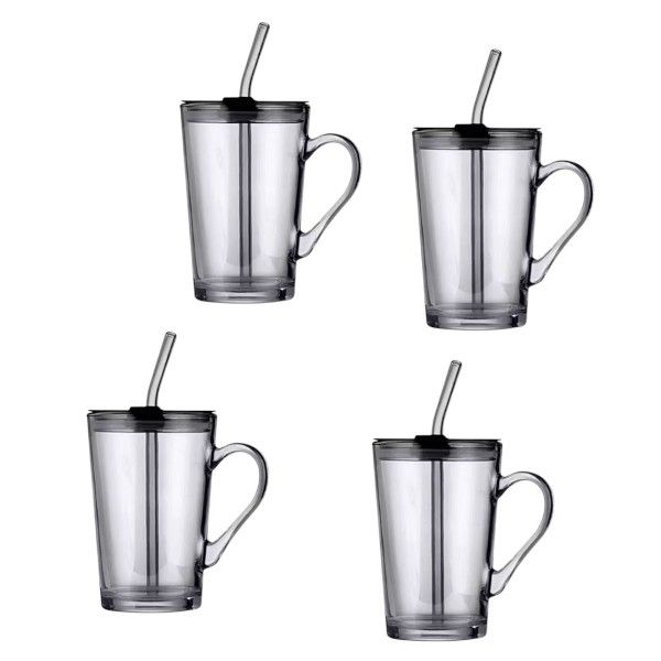 Set of 4 Glass Mugs with Lids and Straws - Grey