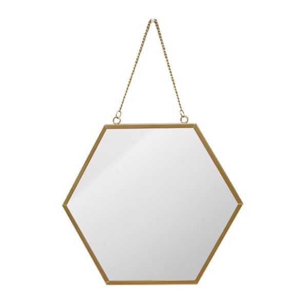 Gold Hexagon Mirror With A Chain Handle For Wall Mounting