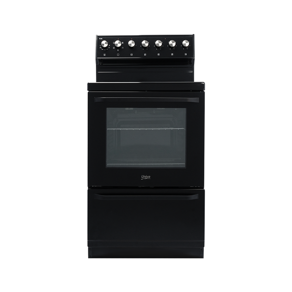 Univa 60cm Ceran Stove, Full Glass Door, 84L Oven, Warmer Drawer