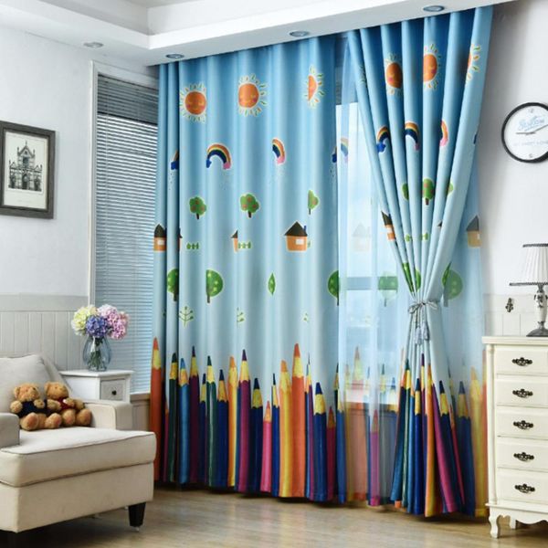 Blackout Curtain with Pencil Pattern for Kids Room 100x250cm Blue