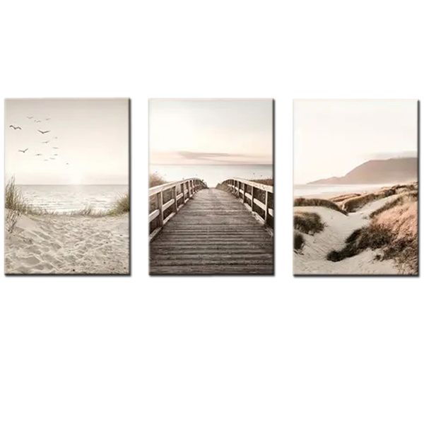 Canvas-Art-3 Pieces Neutical Beach View Landscape Abstract Wall Art