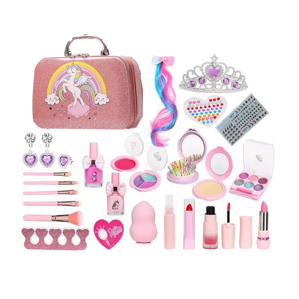Girls Real Makeup Set Unicorn Cosmetic Pretend Play Princess Pink (26 Pcs)