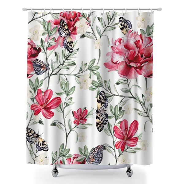 Botanical Bird Print Bathroom Bath Curtain, Farmhouse Shower Curtain