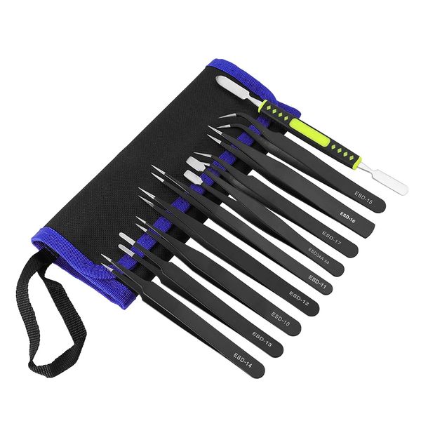10-in-1 Precision ESD Stainless Steel Tweezers Set for Soldering Repair
