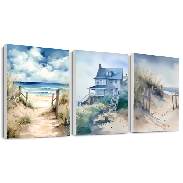 A3 Wall Art Prints on White Veneered Chipboard - Beach Panorama - Set of 3