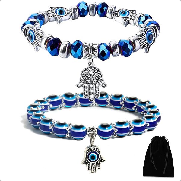 2pcs Evil Eye Bracelet Chakra Crystal Bracelets Set Evil Eye Blue Beaded