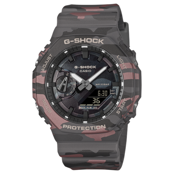 Casio G-Shock GA-2100CMD-8ADR-Carbon Core Guard-200M WR-Camo Grey/Red Watch