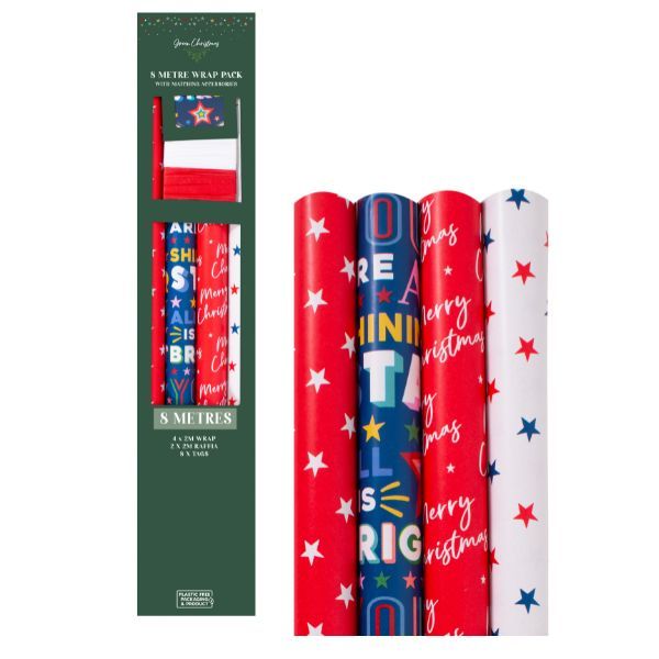 Christmas Gift Wrap Bulk Pack Bold Blue - 4 x 2m Roll Wrap, Raffia &amp; Tags