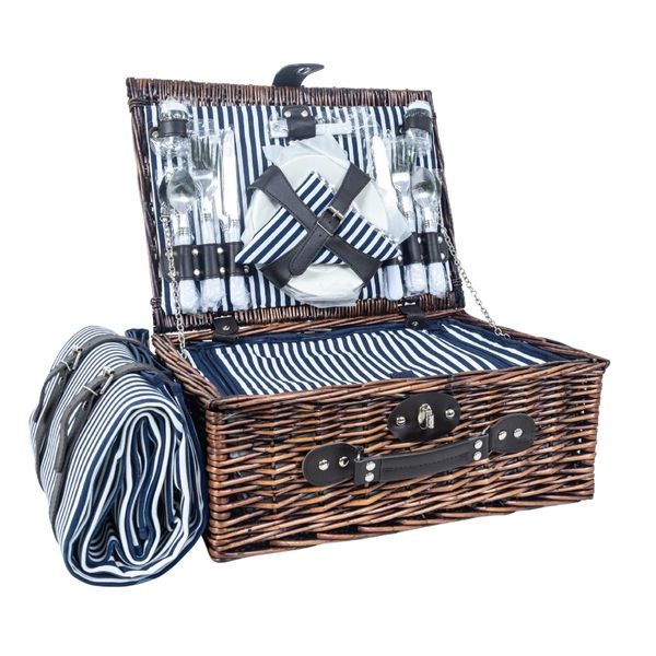 Wicker Picnic Basket Set for 4 People, Picnic Blanket &amp; Cooler Compartment