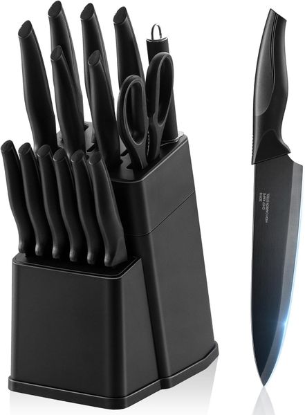 HOMGEM 15 Pieces Kitchen Knife Block Set with Sharpener,White