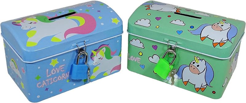 Cute Cartoon Unicorn Coin Banks for Kids with Lock - Blue and Green - Set of 2
