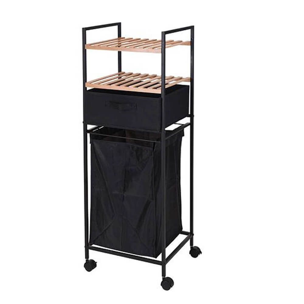 Bathroom Rack with 2 Bamboo Shelves with Polyester Laundry Bag | Shop ...