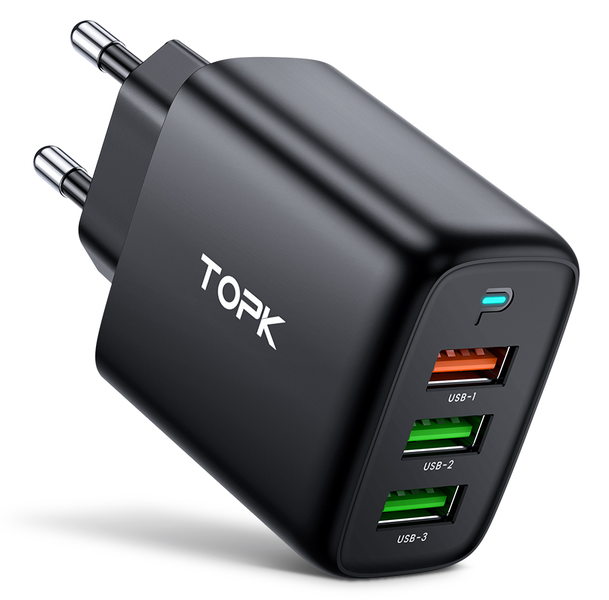 TOPK 30W QC3.0 3-Port USB Wall Charger with indicator