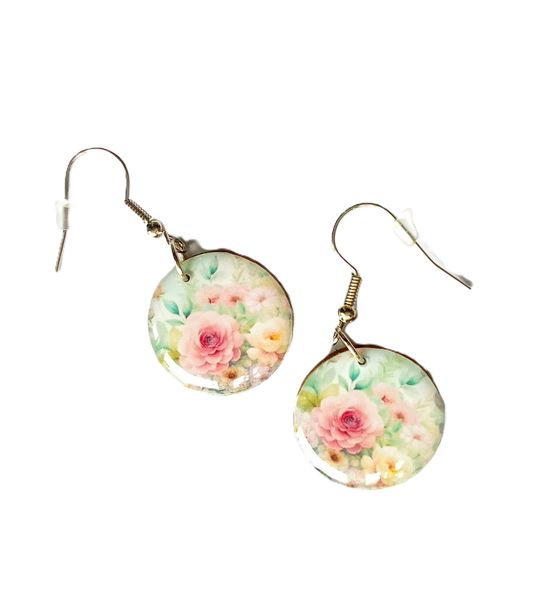 Pink and Green Floral Soft Pastel Wooden Earrings Gift