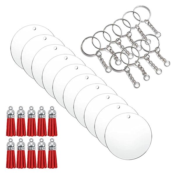 5cm Clear Acrylic Blank Round Keyring Red Tassel Kit