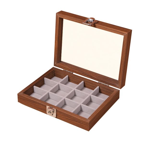 ALANES 12 Grids Wood Jewelry Display Box with Cover - Black Walnut Grain