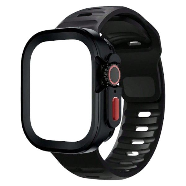 42mm Waterproof Silicone Wave Style Watch Strap With Protective Case -Black