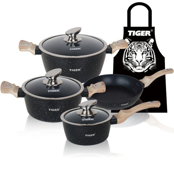 Tiger Non-Stick 8 Piece Marble Coating Cookware Set Black