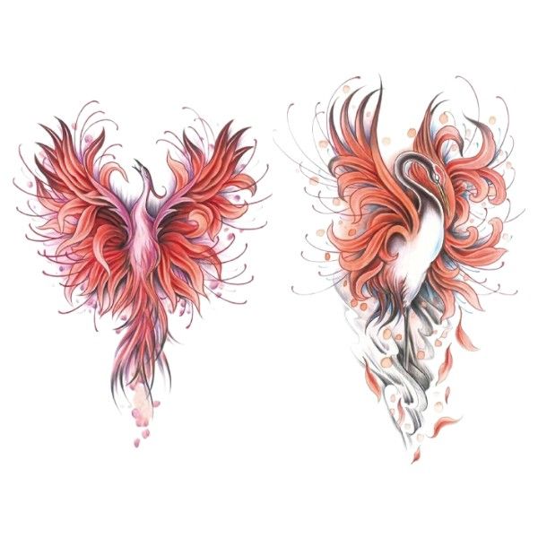 2 Piece - Fantasy Phoenix And Flower Temporary Tattoo - Multicolour