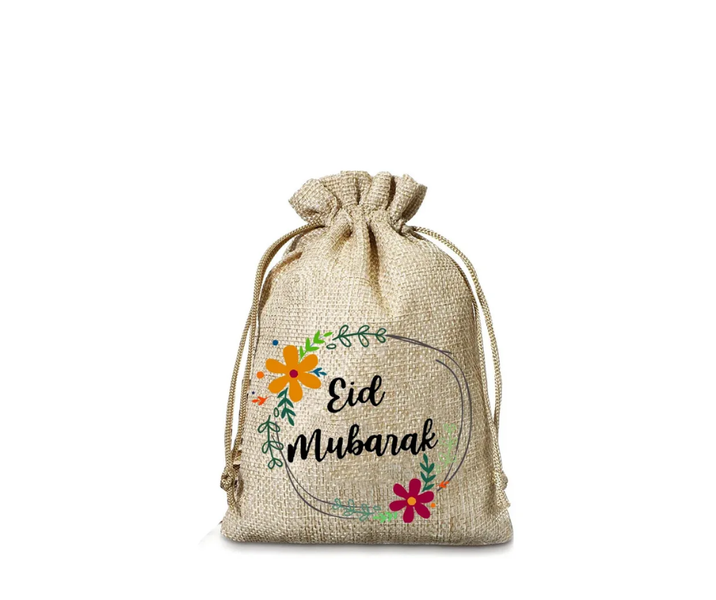 5 Pack Eid Mubarak Print Linen Burlap Gift Bags 18x 13cm Islamic Novelty