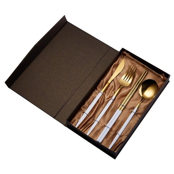 4Pcs High-End Dinner Cutlery Set With Chopsticks - Gold &amp; White
