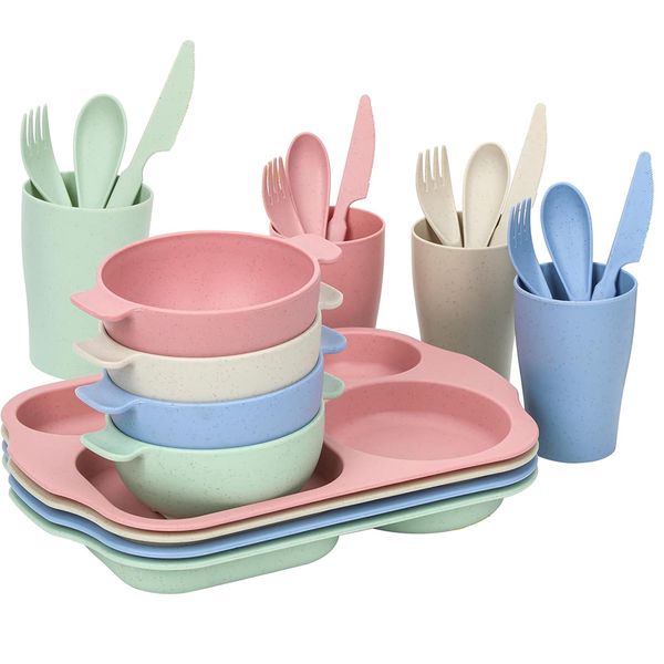 24 Pack Wheat Straw Dinnerware Set for Kids, Toddler Plate Bowl Cup Sets