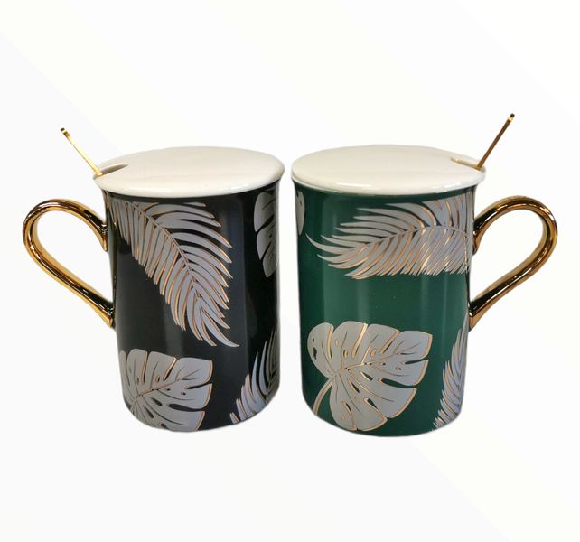 Set of 2 Gold Handle Leaf Printed Daily Coffee Mugs Tea Cups