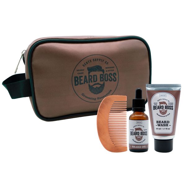 Jenam Beard Boss Grooming Kit - Beard Oil, Wash, Comb &amp; Travel Bag