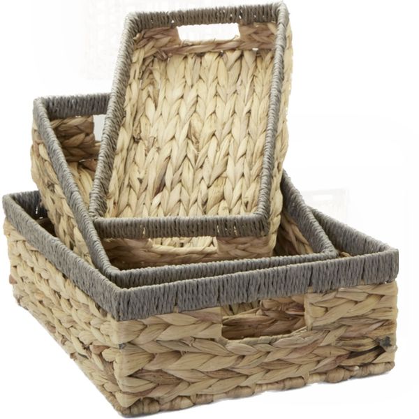 Set of 3 Border Grey Woven Tray Basket