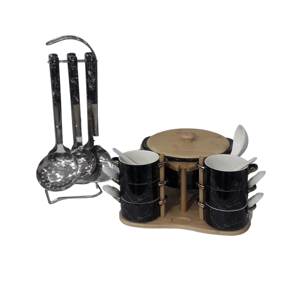 Soup Tureen Set With Bamboo Base &amp; 6 Pieces Serving Spoons Combo