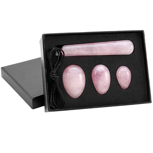 3 x Rose Quartz Yoni Eggs With Yoni Wand