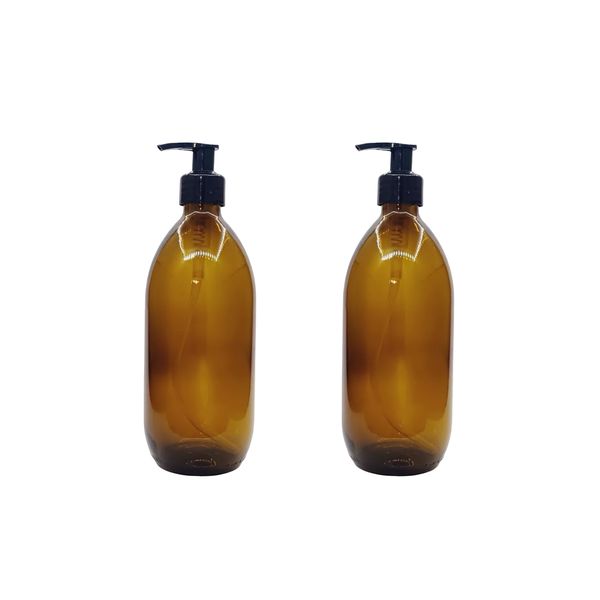 2 Pack 500ml Amber Bottles with Black Lotion Pump