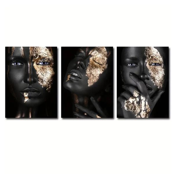 Canvas - Art - 3 Pieces Gold African Women I Living Bedroom Decor