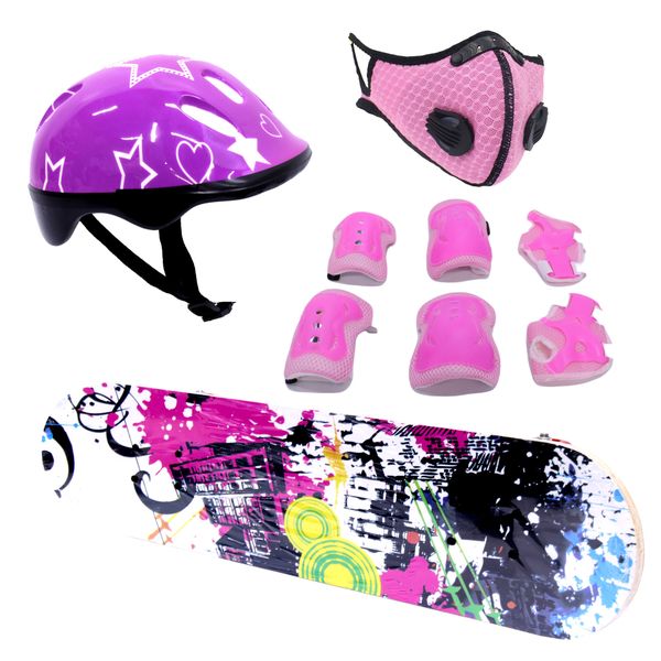 Skateboard 74cm with Protective Gear Kit - Helmet &amp; Sports Mask - Art