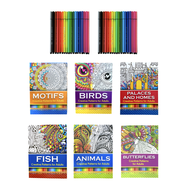 6 Pack Adult Colouring Books with 36 Colouring Pens