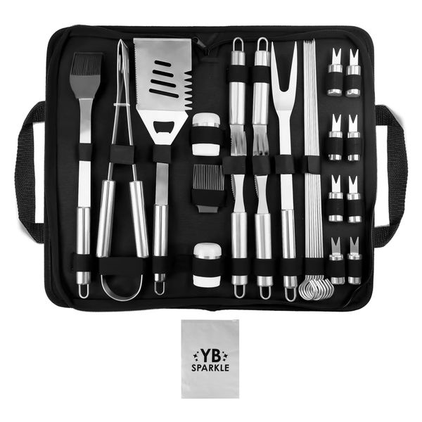 27 Piece Stainless Steel Braai BBQ Utensil Tool Set + Sparkle Storage Bag