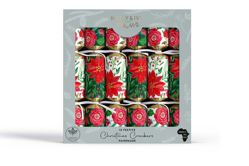 Festive 12s - Traditional Poinsettia Christmas Crackers