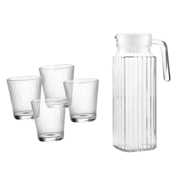 5 Piece Glass Drinkware Set Jug (1000ml) with 4 Glass Tumblers (150ml)