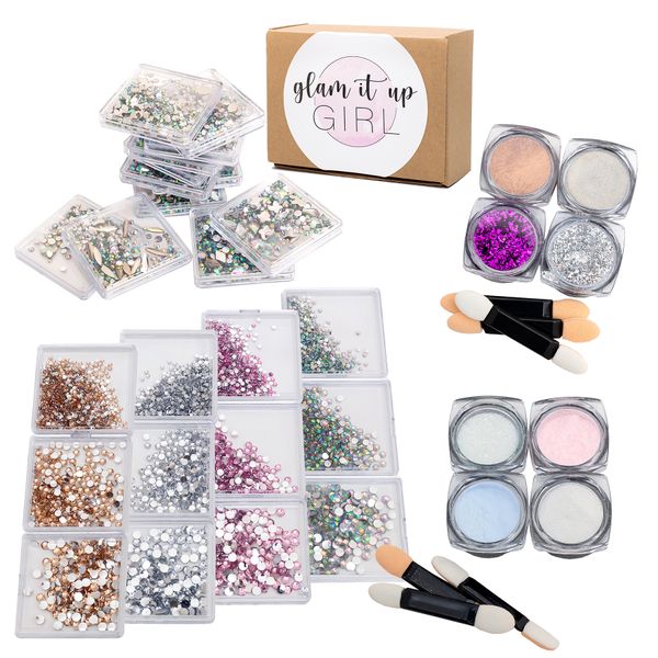 Nail Art Crystal Gems Packs of 24 &amp; Two Acrylic Powder Colour Sets