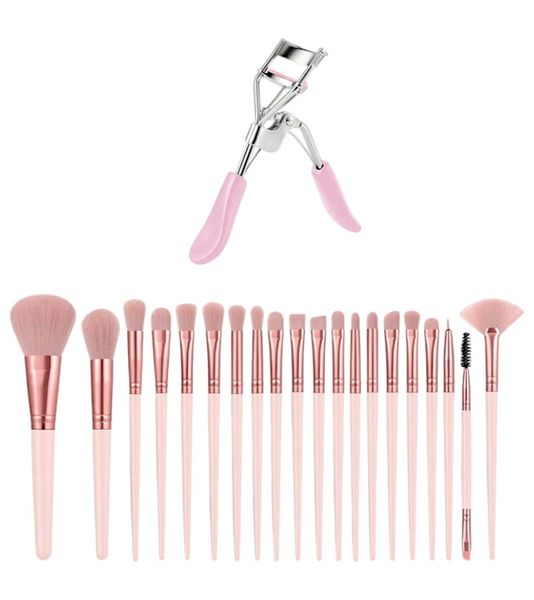 20 Piece Essential Makeup Brush Collection With Eyelash Curler - Baby Pink