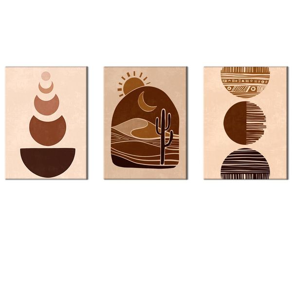 Canvas-Art-3 Pieces Beige &amp; Brown Sun &amp; Moon Circles Wall Art