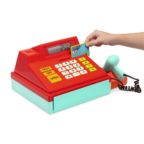 toy cash register with scanner and receipt