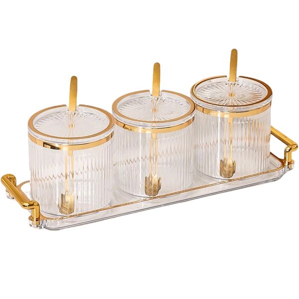 3 Pack Plastic Spice Cannisters with Lids Spoons &amp; Tray Seasoning Jars set