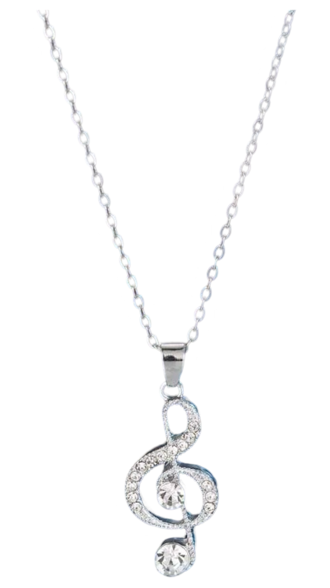 Silver Treble Clef Pendant Necklace with Rhinestones (40-45cm)