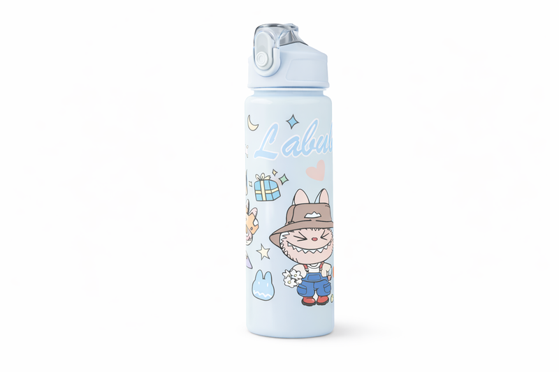 800ml Kids Flip-Top Water Bottle with Straw - Cartoon Design